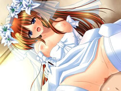 blue_eyes blush breasts bridal_veil bride brown_hair dress esuesu female flower gloves human large_breasts long_hair lyrical_nanoha mahou_shoujo_lyrical_nanoha mahou_shoujo_lyrical_nanoha_strikers male nanoha_takamachi nipples penis sex straight takamachi_nanoha vaginal_penetration veil wedding_dress