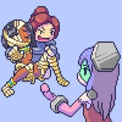 akai_(artist) akai_(ugokashitari) animated armor black_hair blue_background brown_hair color dark_skin dildo dullahan frankenstein golem imminent_rape lowres mob_face monster_girl mummy pixel_art purple_hair sprite vibrator