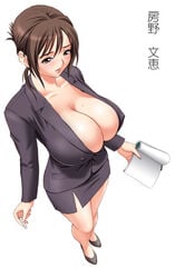 1girls big_breasts blazer blush book breasts brown_eyes brown_hair bursting_breasts business_suit business_woman chalk cleavage collarbone contrapposto covered_erect_nipples curvaceous curvy down_blouse erect_nipples erect_nipples_under_clothes female female_focus formal from_above full_body full_cleavage fusano_fumie high-angle_view high_heels highres holding_chalk holding_object huge_breasts impossible_clothes jacket japanese_text legs long_legs matching_hair/eyes milk_junkies_2 minidress miniskirt mole mole_on_breast nipple_bulge nipples nipples_visible_through_clothing no_bra no_shirt notebook office_lady open_clothes overboob pencil_skirt plain_background pokies pumps secretary shoes short_hair side_slit simple_background sitting skirt skirt_suit smile solo solo_focus standing suit tatsunami_youtoku teacher thighs translation_request white_background