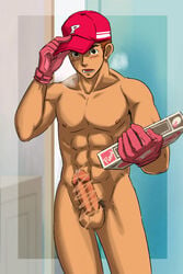 1boy abs baseball_cap chest delivery front_view gloves hat human male male_only muscle nude oscar pecs penis pizza solo