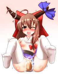 ahoge bow breasts brown_hair cum cum_inside duo faceless_male feet female hair_ribbon hairbow hiro_(pqtks113) horns long_hair male open_mouth panties panties_aside penis pussy red_eyes red_ribbon ribbon saliva sex shirt_lift skirt skirt_lift solo_focus spread_legs straight suika_ibuki tear thighhighs touhou uncensored underwear vaginal_penetration white_legwear white_thighhighs wince wink