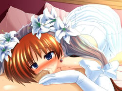 blue_eyes blush bridal_veil bride brown_hair cum esuesu fellatio flower gloves hair long_hair lyrical_nanoha mahou_shoujo_lyrical_nanoha mahou_shoujo_lyrical_nanoha_strikers nanoha_takamachi oral penis takamachi_nanoha veil wedding_dress