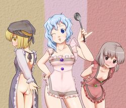 3girls apron ass blonde_hair blue_eyes blue_hair blush breasts brown_eyes brown_hair d.koutya daajirin.koucha highres ladle leaning_forward lunasa_prismriver lyrica_prismriver merlin_prismriver multiple_girls naked_apron nipples pussy see-through short_hair siblings sisters touhou uncensored wink yellow_eyes