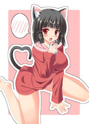 animal_ears asa_no_ha bangs barefoot black_hair blunt_bangs blush cat_ears cat_tail catgirl cum cum_on_body cum_on_upper_body facial feline heart heart_tail juice juice_box open_mouth original red_eyes sexually_suggestive short_hair sitting slit_pupils solo speech_bubble spoken_blush tail