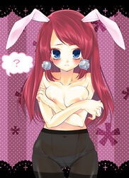 animal_ear bangs blazblue blue_eyes blush breasts bunny_ear crossed_arms embarrassed female long_hair mero_q midriff navel nipples panties panties_under_pantyhose pantyhose red_hair see-through shirtless solo topless tsubaki_yayoi underwear