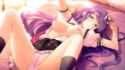 bed blush braids breasts censored daikou_wakako female game_cg green_eyes kneehighs koi_saku_miyako_ni_ai_no_yakusoku_wo_~annaffiare~ long_hair natsume_eri nipples open_clothes open_shirt panties pillow purple_hair seifuku shirt skirt spread_legs tears underwear