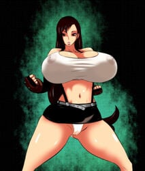 7961_shiki big_breasts breasts cameltoe cleavage erect_nipples final_fantasy final_fantasy_vii highres huge_breasts navel panties see-through skirt_too_short smile thick_thighs thighs tifa_lockhart underwear wide_hips wind_lift