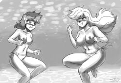 2girls applejack_(mlp) bikini bikini_bottom breasts busty casual_nudity catfight clothes competition cutie_mark equestria_girls female females_only friendship_is_magic grayscale hasbro humanized john_joseco monochrome my_little_pony nipples nudity partial_nudity puffy_cheeks rainbow_dash_(mlp) scrunchy_face smooth_skin swimsuit topless underwater yuri