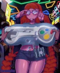 arcade breast_grab breast_squeeze controller_shirt embarrassed glasses groping groping_breasts heidi_hazelwood huge_breasts hyper_breasts incogneato long_hair nerd nerdy_female original original_character pink_skin public tight_clothes tight_clothing