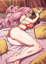 1girls asleep ass barefoot bed bra butt cios closed_eyes commission feet female female_focus light-skinned_female light_skin long_hair mouth_open on_bed open_mouth panties pink_hair pointed_ears pointy_ears sleeping stuffed_animal teddy_bear underwear