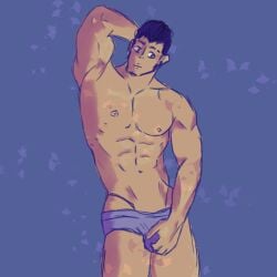 asian black_hair blue_eyes bulge bulge_grab earrings male_focus male_only muscles nipples pecs valorant yoru_(valorant)