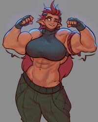 1girls abs ali_(sotcho) big_breasts blush diadorin earrings female female_only fingerless_gloves flexing flexing_bicep grey_background horns long_hair looking_away muscles muscular muscular_female one_eye_closed pointy_ears red_hair solo very_high_resolution yellow_eyes