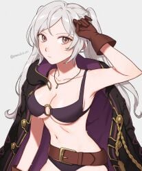 1girls alternate_costume bangs belt belt_buckle bikini breasts brown_belt brown_eyes brown_gloves buckle cleavage cloak collarbone commentary_request female female_only fire_emblem fire_emblem_awakening fire_emblem_heroes gloves grey_background highres hood hooded_cloak jewelry long_hair looking_at_viewer medium_breasts navel necklace nintendo o-ring o-ring_bikini official_alternate_costume peach11_01 purple_bikini purple_swimsuit robin_(female)_(summer)_(fire_emblem) robin_(fire_emblem) robin_(fire_emblem)_(female) simple_background solo stomach swept_bangs swimsuit twintails twitter_username