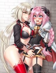 1boy1girl astolfo_(fate) bikini blush bra braid breasts brick_wall bulge bulge_grab fate/grand_order fate_(series) female femboy femboy_on_female grabbing_penis hand_on_head hand_on_penis jeanne_alter jeanne_alter_(swimsuit_berserker) long_hair panties pink_hair racoonkun shocked stockings swimsuit thick_thighs white_hair