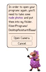 anthro baaa black_hooves bovid caprine closed_eyes desktop_assistant digital_creature fur hooves male mammal monocerus open_mouth pink_body pink_fur pink_nose pink_wool sheep solo speech_bubble text text_box wool_(fur)