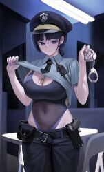 1girls belly belly_button belt big_breasts blue_eyes blush blush_lines blushing_at_viewer breasts chair cleavage closed_mouth clothes_lift clothes_pull clothing_aside cuffs curvy curvy_body curvy_female curvy_figure female female_focus female_only gun hand_up handcuffs hat hi_res high_resolution highres huge_breasts key key_in_cleavage large_breasts leotard leotard_aside leotard_under_clothes light-skinned_female light_skin looking_at_viewer nail_polish navel necktie only_female original pants police police_hat police_uniform policewoman ponytail pulling pulling_clothing shirt_lift short_hair shy solo solo_female solo_focus stomach table tokkihouse uniform walkie_talkie weapon