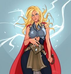 1girls armor athletic athletic_female blonde_hair blue_eyes cape eyebrows eyelashes eyes female female_only goddess hammer human human_only jane_foster lady_thor light-skinned_female light_skin lips long_hair marvel marvel_comics minko mjolnir olena_minko solo superheroine thor_(series) voluptuous