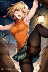 ai_generated ashley_graham ashley_graham_(brooke_elizabeth_mathieson) blonde_hair green_skirt leg_up miniskirt nagual-ui orange_sweater pantyhose pussy resident_evil resident_evil_4 skirt sweater upskirt wide_hips yellow_eyes zombie