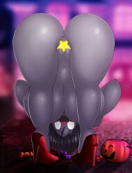 2021 anthro anus ass ass_up big_breasts big_butt black_hair black_nose blurred_background blush breasts candy canid canine canis curvy_figure dessert dracojeff female food fur grey_body grey_fur hair high_heels_only hourglass_figure jack-o'-lantern looking_at_viewer looking_through looking_through_legs mammal mtf_crossgender nude phyco presenting presenting_hindquarters pumps pussy_sticker red_high_heels rule_63 solo star_sticker story story_in_description wolf