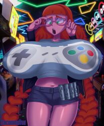 arcade controller_shirt female glasses heidi_hazelwood hyper_breasts incogneato original original_character pink_skin public tight_clothes tight_clothing