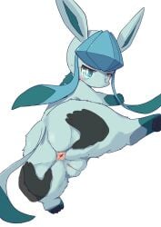 2022 4_toes anus ass blue_body blue_eyes blue_fur blush canid disembodied_hand duo eeveelution feet female female_focus feral feral_focus fur generation_4_pokemon genitals glaceon gloves_(marking) green_body green_fur hi_res kemono koorinezumi leg_markings looking_at_viewer looking_back mammal markings nintendo pawpads paws pokemon pokemon_(species) pokemon_focus pussy simple_background socks_(marking) solo_focus spread_anus spread_butt spreading thick_thighs toes video_games white_background