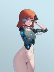 android blue_eyes disassembly ear_covers eyes_visible_through_hair female glowing gynoid jablungus joints lips long_eyelashes looking_at_viewer loose_wires mechabare mechanical_arms mechanical_hands mechanical_parts medium_hair missing_limb navel nude orange_hair original parted_lips pussy robot_girl robot_joints simple_background single_mechanical_arm single_mechanical_hand solo standing wire