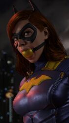 3d ball_gag barbara_gordon batgirl batgirl_(gotham_knights) bondage bound bound_arms cuffed damsel_in_distress dc dc_comics drool drooling gag gagged gotham_knights heroine kneeling restrained rindekey superheroine tied_up