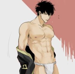 abs big_pecs black_hair fundoshi gintama hijikata_toshiro male male_only nuis off_shoulder open_jacket pecs shinsengumi_(gintama) solo sweat toned toned_male undressing