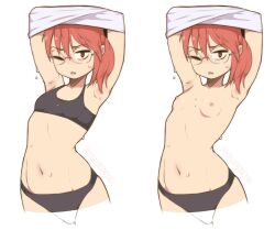 1girls areolae black_panties black_topwear breasts breasts_out coffeechicken eyewear female female_only flat_chest flat_chested glasses kobayashi miss_kobayashi's_dragon_maid nipples one_eye_closed panties shirt_up small_breasts solo solo_female sweat sweatdrop thighs topless topwear undressing