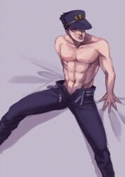 1boy abs belt blue_eyes blue_eyes_male collarbone hat hat_over_one_eye inviting_to_sex jojo's_bizarre_adventure jotaro_kujo legs_spread male male_only murota muscular muscular_male solo solo_male stardust_crusaders unbuckled_belt