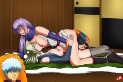 2girls all_fours big_breasts blonde_hair blush boots bottomless breasts_out detached_sleeve dildo dildo_insertion female female_only futon gintama gintoki_sakata glasses hair_down imagining indoors japanese_clothes kimono kunoichi lavender_hair long_hair medium_hair multiple_girls on_back open_kimono open_mouth piotix purple_hair red-framed_glasses sarutobi_ayame scarf sex_toy shouji smile thighhighs tsukuyo uncensored vaginal_insertion vaginal_penetration yuri