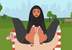 barefoot dark-skinned_female dark_skin female footjob hijab male outdoors park penis white_toenails