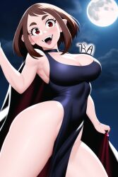 ai_generated big_ass big_breasts big_butt brown_hair cape demon demon_girl evil_grin fangs halloween krystalizedart monster monster_girl my_hero_academia nai_diffusion ochako_uraraka pale_skin red_eyes smiling smirk stable_diffusion tight_clothing vampire vampiress