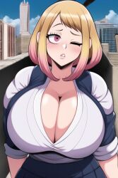 ai_generated alternate_hair_color ass big_ass big_breasts bimbo bimbofication blonde_hair breasts cleavage confused confusion corruption female gyaru hero_outfit_(mha) heroine huge_breasts my_hero_academia nai_diffusion ochako_uraraka one_eye_closed outside pink_eyes pink_hair public school school_uniform schoolgirl stable_diffusion transformation