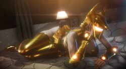 3d 3d_(artwork) bed bedroom big_breasts breasts bungie destiny_(game) destiny_(video_game) destiny_2 fingerless_gloves fingernails gold gold_(metal) guardian_(destiny) hand_on_head helmet high_heels laying_down laying_on_bed shiny sonicfreak stockings thighhighs warlock_(destiny)