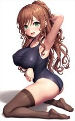 1girls armpits ass bang_dream! big_ass big_breasts black_legwear blush breasts brown_hair competition_swimsuit curvy green_eyes huge_ass huge_breasts imai_lisa lambda_(kusowarota) legwear light-skinned_female light_skin long_hair looking_at_viewer nipple_bulge ponytail swimsuit tagme thighhighs wet wet_body wet_skin