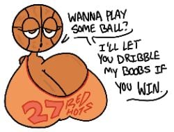 animate_inanimate basketball_(ball) big_breasts breasts dialogue huge_breasts hyper hyper_breasts looking_at_viewer object_head orange_skin orange_tank_top tagme tank_top text theslashfive