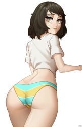 1girls ass bikini brown_eyes brown_hair butt dat_ass female female_only fringe looking_at_viewer looking_back pale-skinned_female persona persona_5 petite sadayo_kawakami solo swimsuit swimwear white_background x_xith_x