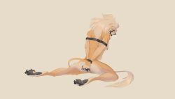 2022 anthro arms_tied barefoot black_pawpads bound breasts clenched_teeth clitcereal countershading digital_drawing_(artwork) digital_media_(artwork) feet felid female full-length_portrait fur grumpy hair harness hi_res lion mammal mane medium_breasts muzzle_(object) muzzled nude pantherine pawpads portrait rear_view simple_background solo submissive submissive_anthro submissive_female tan_background tan_body tan_countershading tan_fur tan_hair tan_mane tan_tail tan_tail_tuft teeth yellow_body yellow_fur