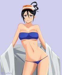 1girls bare_arms bare_legs bare_shoulders bare_thighs bathrobe bikini black_fur black_hair bleach breasts cap cleavage feet_out_of_frame female female_only kuchiki_rukia long_hair mature mature_female micro_bikini midriff milf navel pelvic_line petite petite_body pinup presenting presenting_self purple_eyes revealing_swimsuit robe skimpy skimpy_bikini smile solo strapless strapless_bikini swimsuit tied_hair tight_bikini tiredtorto tubetop underboob undressing visor visor_cap