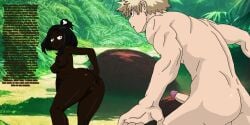 1boy 1girls asian_male ass black_body black_hair blonde_hair bone_hair_ornament breasts caveman cavewoman completely_nude cute_girl erect_penis erection female imminent_sex interracial jungle jungle_boy jungle_girl katsuki_bakugou looking_back male medium_breasts muscles muscular_male my_hero_academia nipples nude nude_female nude_male ochako_uraraka penis point_of_view ponytail prehistoric primitive race_swap smiling stone_age tarzan tempting text time_travel tribal vagina wild