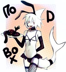 >:d 1boy artist_request bikini bunny_ears collar crossdressing exposed_torso femboy fishnets funamusea gloves lace plate red_eyes russian_text sal_(wadanohara) shark_fin shark_humanoid skirt thighhighs wadanohara_and_the_great_blue_sea white_hair