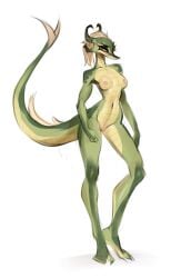 2022 2d anthro areola argonian bethesda_softworks breasts capcom crossover female green_body hi_res izuchi johnfoxart monster_hunter multicolored_body navel nipples nude scales scalie scalie_female scalie_only simple_background solo standing tail the_elder_scrolls two_tone_body video_games