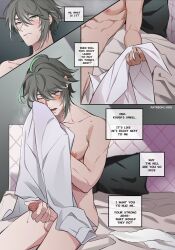 1boy alhaitham_(genshin_impact) comic_page completely_nude genshin_impact in_bed kaveh_(genshin_impact) male_only masturbation solo_male yukaero4