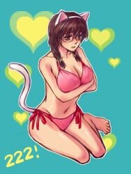 alternate_costume arms_crossed_under_breasts barefoot big_breasts bikini blush braided_hair brown_hair cat_ears cat_tail cleavage crossed_arms embarrassed fake_animal_ears fake_tail female female_only full_body genderswap_(mtf) gintama glasses medium_hair pink_bikini rule_63 shimura_shinpachi side-tie_bikini sitting solo twin_braids