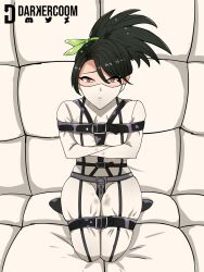 akali black_hair bondage bondage_gear bondage_outfit character clothed clothing commission commission_art commissioner_upload cute darkercoom fanart female female_focus female_only hair_ornament hair_ribbon keyhole league_of_legends light-skinned_female light_skin mask masked masked_female nervous on_knees red_eyes scared scared_expression solo solo_focus tied tied_hands tied_up