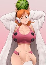 1girls arms_up bare_shoulders bleach blinking boots breasts cleavage_cutout clothing_cutout curvy earmuffs earphones female female_focus female_only flytrapxx food fruit fully_clothed highres inoue_orihime jacket large_breasts long_hair looking_at_viewer midriff navel orange_eyes orange_hair partially_undressed pose solo teasing thick_thighs thighs watermelon