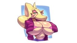 bigdad blonde_hair crash_(series) edit furry furry_female furry_only gigantic_breasts jacket jacket_open open_jacket orange_skin pink_bikini pink_topwear red_lipstick seductive_look seductive_smile short_jacket tagme tawna_bandicoot