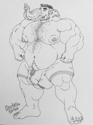 2022 absurd_res anthro areola balls barefoot bartholomew_martins belly biceps big_balls big_belly big_breasts big_muscles big_nipples big_pecs big_penis biped black_hair body_hair bottomwear breasts brunkdutt bulge chest_hair clothed clothing detailed detailed_bulge elephantid exercise_clothing facial_hair feet fingers flaccid genital_outline genitals hair hairy happy_trail hi_res humanoid_hands hyper male mammal monochrome musclegut muscular muscular_anthro muscular_arms muscular_legs muscular_male muscular_thighs navel nipples overweight overweight_anthro overweight_male pecs penis penis_outline proboscidean pubes ripping rutilearts shorts side_view signature simple_background skimpy smile solo standing stubble tight_clothing toes topless topless_anthro topless_male traditional_media_(artwork) trunk tusks white_hair