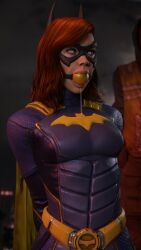 3d ball_gag barbara_gordon batgirl batgirl_(gotham_knights) bondage bound bound_arms cuffed damsel_in_distress dc dc_comics drool drooling gag gagged gotham_knights heroine kneeling restrained rindekey superheroine tied_up